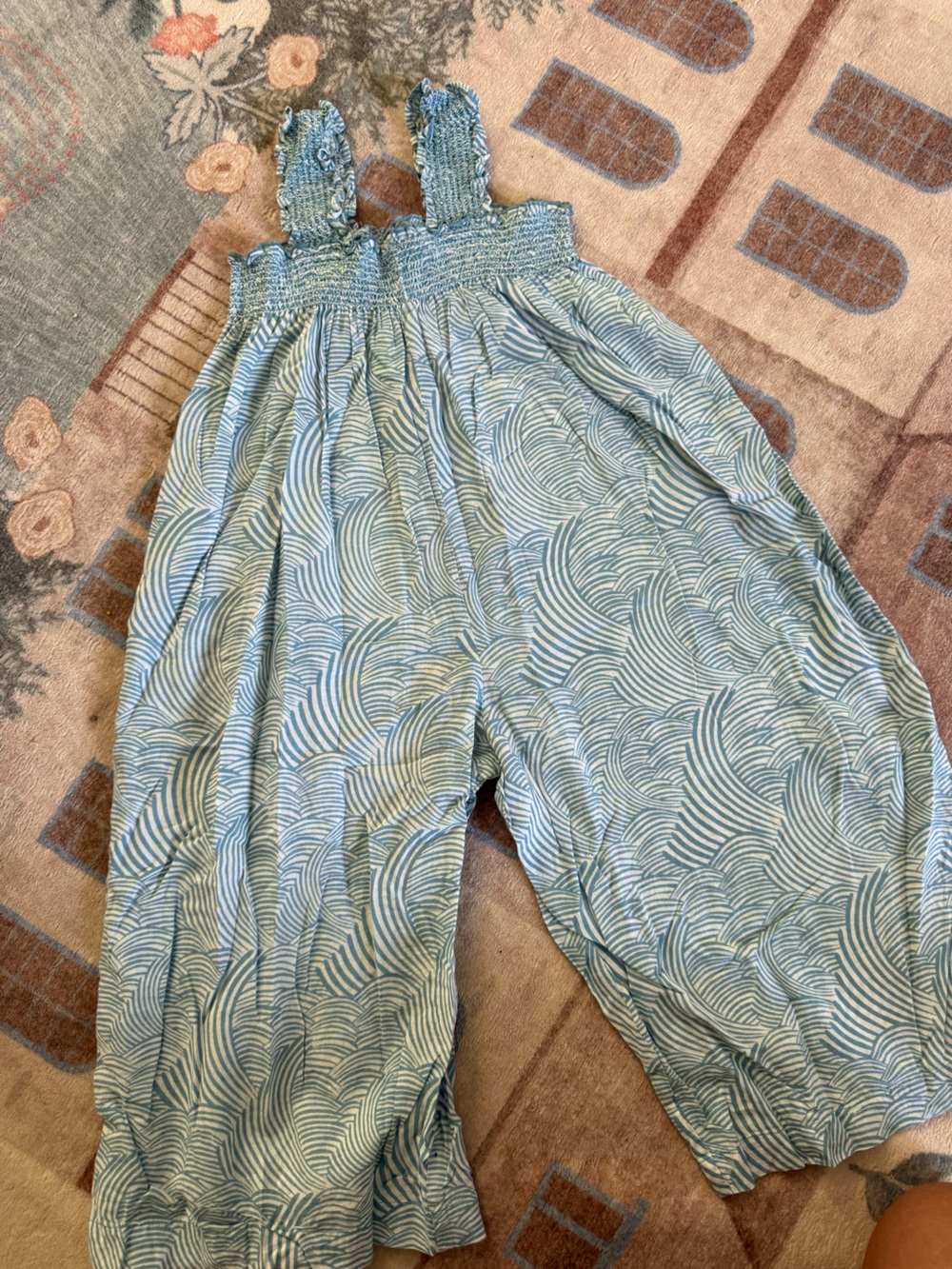 Pink Chicken Light Blue Wave-Print Smocked Romper